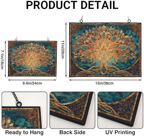 Rectangle Mosaic Sacred Geometry Tree of Life Stained Glass Suncatcher Window Hangings, Suncatchers Colorful Glass Panel Sun Catchers Gifts, Decoration for Home Garden Decor - Image 3