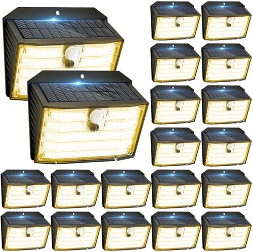 [20 Packs] Solar Motion Lights Outdoor, Ultra Bright Solar Fence Lights with Motion Sensor, IP65 Waterproof Security Light 3 Modes, 270° Lighting Angle, Wall Lights for Deck Patio Fence Garage Door by Claoner
