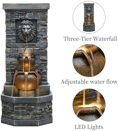 42'' 2-Tier Lion Head Outdoor Water Fountain with LED Lights for Garden - Image 2