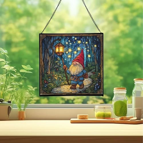 Starglow Gnome Trail Stained Glass Suncatcher – Square Hanging Window Panel for Home or Greenhouse – Whimsical Glass Art Gift for Garden Lovers, Christmas, Halloween, Father Days HMrBzf - Image 2