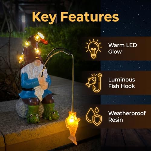 Solar Garden Gnome Statues Outdoor Statue Decor, Outdoor Fishing Gnome with Bee Solar Lights, Garden Figurines for Yard Decor Patio Porch Lawn Ornaments, Birthday Gifts for Mom, Thanksgiving - Image 2