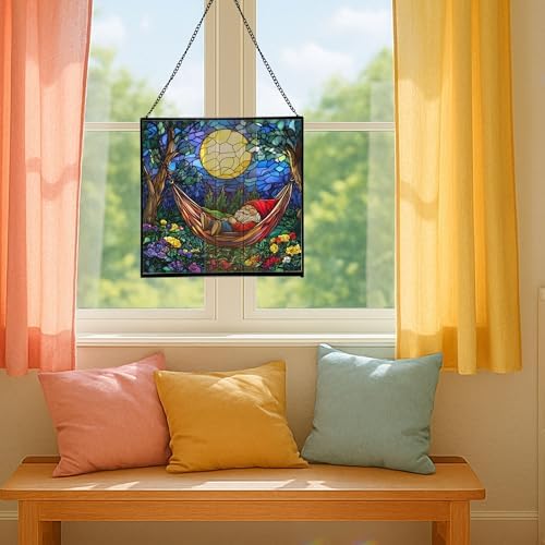 Moonrise Hammock Gnome Stained Glass Suncatcher – Square Hanging Window Panel for Home or Greenhouse – Whimsical Glass Art Gift for Garden Lovers, Christmas, Halloween, Father Days Tduknz - Image 5