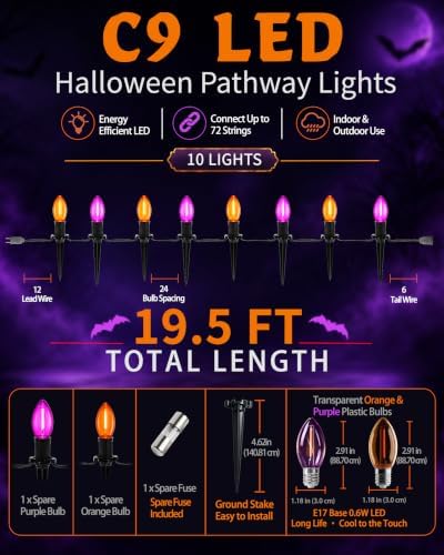 Halloween Pathway Lights, 10-Pack Purple and Orange C9 LED Stakes - Image 2