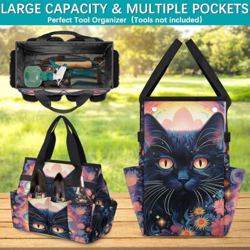 Boho Cat Garden Tool Bag Organizer Heavy Duty Flower Cat Gardening Tote Bag with 10 Pockets for Women Men Gardening Gifts - Image 4