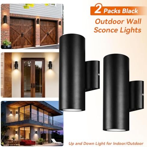JO.KO Up Down Lights Outdoor, Cylinder Wall Lights 10.24" 2 Pack, 2700K Warm White Porch Light in 2 Lights, Matte Black Waterproof Wall Sconce, Aluminum Exterior Light Fixture Wall Mount - Image 4