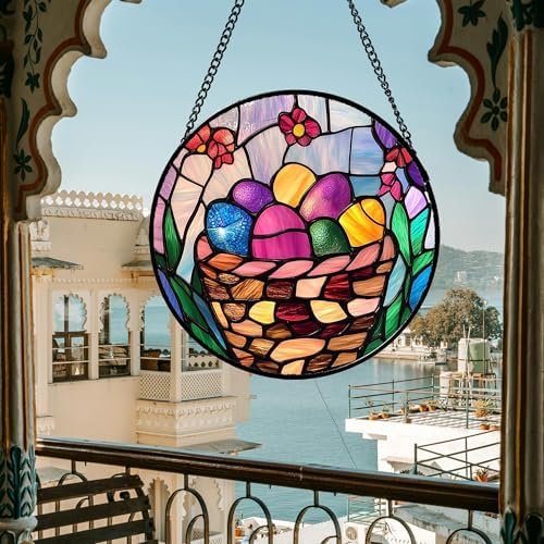 CHATYOUNG Stained Glass Window Hanging Basket Easters Egg Large 15" - Color Suncatcher Door Garden Home Decor and Christmas Mother's Day Birthday Easter Gifts Grandma Mom Nana Women Christians - Image 4