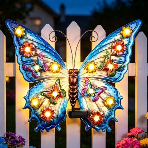 Large Butterfly Wall Art Outdoor with Solar Lights,Metal Wall Decor by JJALIGHTS