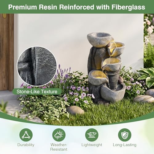 Giantex 5-Tier Outdoor Water Fountain with Lights, 17.5 Inch Cascading Bowls Tabletop Waterfall Fountain with Pump, Resin Garden Water Feature for Indoor Outdoor Patio, Yard, Porch Decor - Image 5
