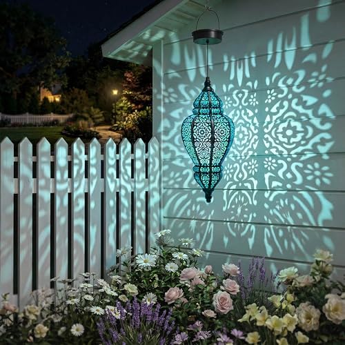 Moroccan Hanging Solar Lights Outdoor Lantern Bidirectional Availabili Garden Decor Waterproof Plastic Blue Decorations for Patio Pathway Yard Backyard Solar Powered Garden Decorative (Black, 1) - Image 5