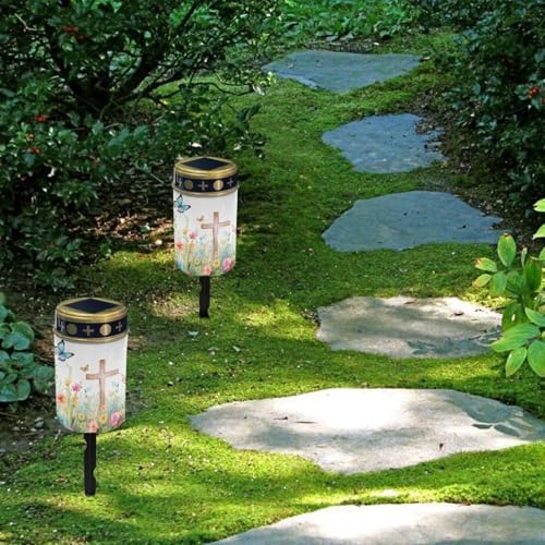 Poceacles Cross Solar Powered Cemetery Solar Candle, Memorial Floral Cross Butterfly, 2 Pack Waterproof Landscape Lights for Yard, Patio, Lawn, Home Decor - Image 4