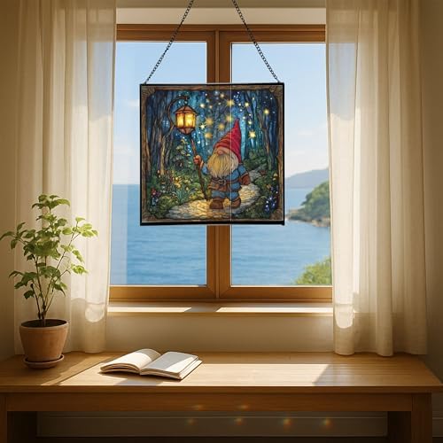 Starglow Gnome Trail Stained Glass Suncatcher – Square Hanging Window Panel for Home or Greenhouse – Whimsical Glass Art Gift for Garden Lovers, Christmas, Halloween, Father Days HMrBzf - Image 6