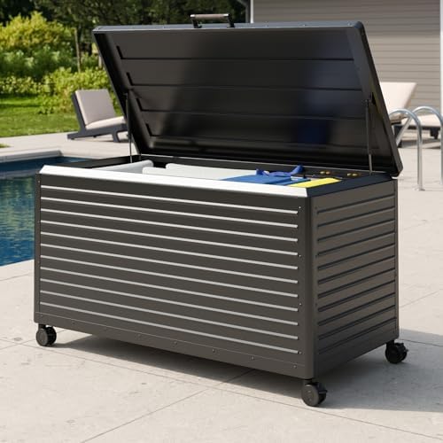 MIRADOR 175 Gallon Outdoor Storage Box with Wheels & Soft-Close Lid, Waterproof Metal Deck Box for Patio Cushions, Garden Tools & Pool Accessories, Charcoal by Mirador