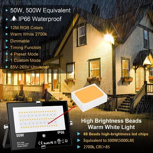 LED Flood Light Outdoor 500W Equivalent Color Changing Landscape Lighting, 24H Timing+120 Colors Strobe+2700K Warm White+DIY Flash, IP66 Waterproof Up Stage House RGB Led Light Indoor US 3-Plug 6Pack - Image 2