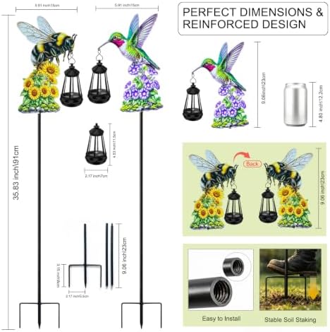 2 Pack Solar Garden Stakes, Metal Hummingbird & Bee Lantern Lights - Image 2