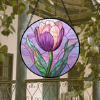 DASTOLL Stained Glass Window Hanging 4 Pcs Set Purple Flower Theme Large 15" - Tulip Suncatcher Door Garden Sun Catcher Decor Birthday Christmas for Plant Lovers Woman Nana Men - Image 3
