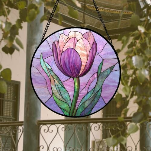 DASTOLL Stained Glass Window Hanging 4 Pcs Set Purple Flower Theme 7.8" - Tulip Suncatcher Door Garden Sun Catcher Decor Birthday Christmas for Plant Lovers Woman Nana Men - Image 3