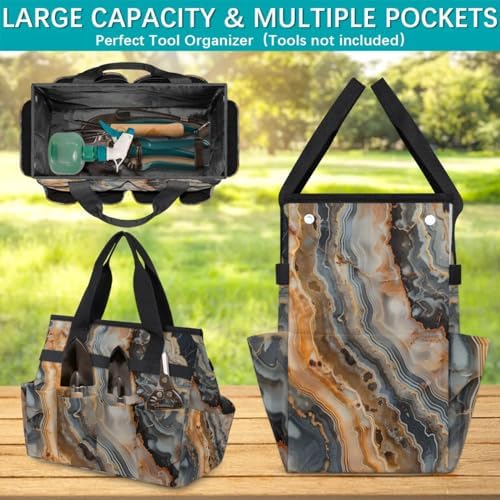 Marble Garden Tool Bag, Garden Tote Storage Bag with 10 Pockets, Indoor and Outdoor Abstract Marble Gardening Tool Organizer for Women Men - Image 4