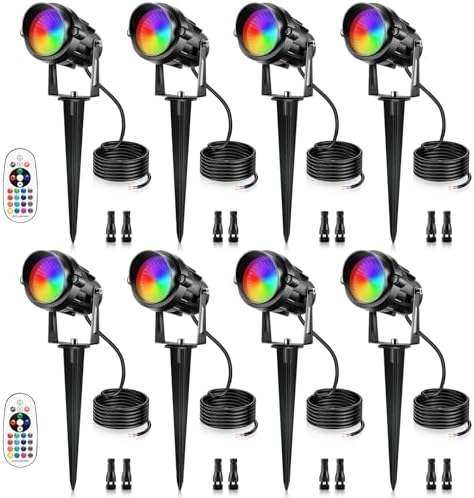 12W RGBW Color Changing Landscape Lights - Low Voltage LED Landscape Lighting, Remote Control Spotlight Outdoor Waterproof Garden Pathway Halloween Christmas Spot Lights, 8 Pack with Connector by LemonBest