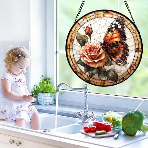 Rose Butterfly Stained Glass Window Hanging Suncatcher Gift for Women 15" - Image 6