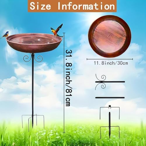Iron Birdbath with Garden Stakes 31.89 Inch Copper Drinking Feeder Tray Food Water Bowl for Courtyard Yard Hummingbird - Image 5