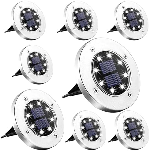 8 Pack 8 LED Solar Disk Lights, Outdoor Solar Ground Landscape Light for Garden Patio Decor, Cool White by Unknown
