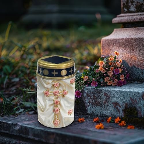 Poceacles Cross Solar Powered Outdoor Lights Cemetery Solar Candle Solar Memorial Lights Outdoor Waterproof Landscape Lights for Yard Patio Lawn Outdoor Home Decor, Vintage Rose Cross, Pack of 6 - Image 3