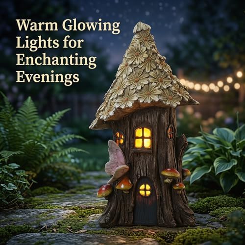 Topadorn Solar Fairy House Garden Statue, 12" Resin Cottage with LED Light - Image 2