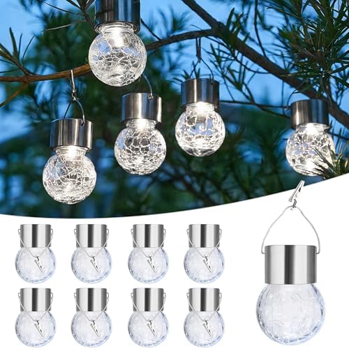 Solar Hanging Lights,Cracked Glass Globes Outdoor Waterproof Decorative Garden Lanterns Outside Trees Ornaments for Balcony Backyard Yard Decor Women Mom Grandma Gifts 8 Pack (Cold White) by Unknown