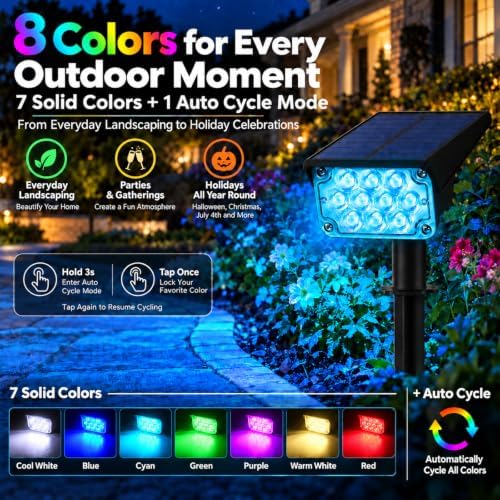 T-SUNUS RGB Solar Landscape Spotlights 6 Pack IP65 Waterproof Dusk-to-Dawn - Image 2