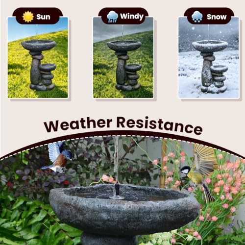 Solar Water Fountain for Bird Bath, Solar Powered Freestanding Water Feature with LED Lights, Multi-Tier Stacked Stone Bird Feeder & Planter for Yard, Porch and Outside Decor - Image 4
