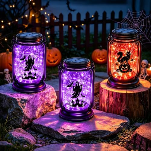 Halloween Solar Lanterns-Cat&Pumpkin Decor Orange Hanging Mason Jar Lights - Image 4