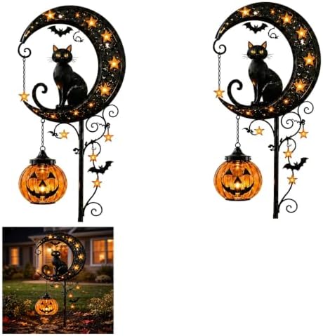 Solar Halloween Black Cat & Pumpkin Moon Garden Stake Light,2-in-1 Waterproof Outdoor LED Yard Decor with Hanging Lantern,Auto Dusk-to-Dawn Lawn Ornament for Pathway,Patio, Walkway (Black-A-2PCS) by HZSprance