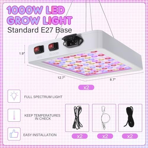 2 Pack 1000W LED Grow Light Full Spectrum Grow Lamps Dual Switch Greenhouse 96 LEDs Light with Veg and Bloom Buttons for Indoor Hydroponic Plant Flower Vegetable Seeding Growing and Flowering - Image 2