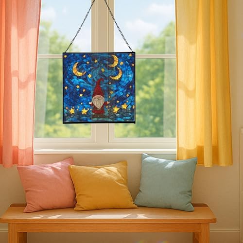 Starry Night Gnome Stained Glass Suncatcher – Square Hanging Window Panel for Home or Greenhouse – Whimsical Glass Art Gift for Garden Lovers, Christmas, Halloween, Father Days 81MU6h - Image 5