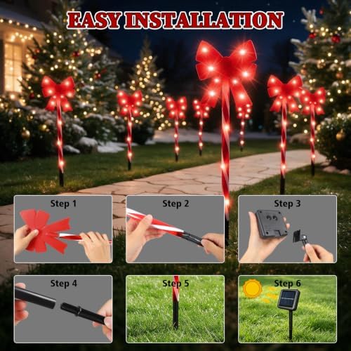 Solar 5PCS Christmas Bow Outdoor String Lights with Stakes Decor Red - Image 6