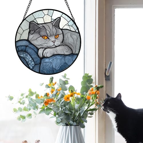Stained Glass Window Hanging 4 Pcs Set Cute Cat 9.8" - Suncatcher Door Garden Sun Catcher Decor Birthday Mother's Day Christmas Comfort Gifts for Lost Pet Woman Nana Mom Men Friend - Image 4
