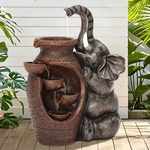 AUTODAYA 19" H Elephant Statue Outdoor Water Fountain with Warm LED Lights - Image 2