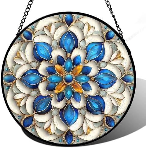 Stained Glass Window Hanging - Blue and White Abstract Flowers Suncatcher for Door Terrace Garden Home Decor, Gold Sun Catcher Birthday Gifts for Lovers Women Men Dad Mom Nana 9.8 in by JOSUMALY