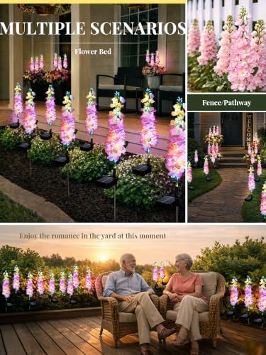 GIGALUMI 3 Pack Solar Delphinium Flowers Outdoor, 2 Modes, Pink - Image 6