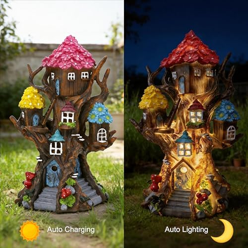 Solar Fairy House 11.8” Tall Fairy Garden House for Outside, Large Fairy Garden Treehouse Accessories Outdoor, Gnome House Garden Statue Fairy Tree House, for Home, Yard, Balcony Decor - Image 4