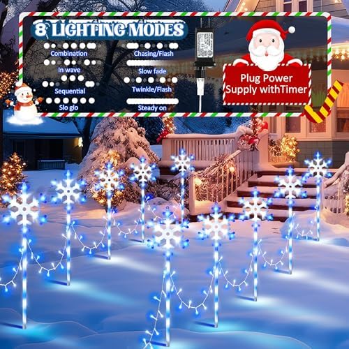 10 Pcs Christmas Snowflake Pathway Stake Lights for Outdoor Yard, 370 Bright LEDs Waterproof Large Christmas Snowflake Light Decoration for Garden Lawn Driveway Walkway Decor (Blue White) - Image 4