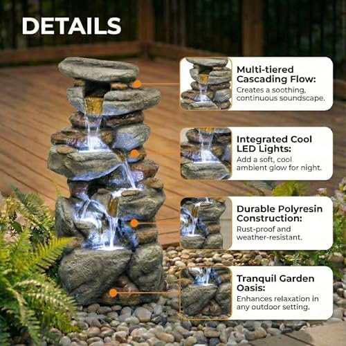 29.9” Water Fountain Outdoor, 5 Tier Fountains for Outside with Cascading Water & White LED Lights, Outside Water Feature for Gardens, Patios, Yards, and Decks (Brown(Rock)) - Image 5