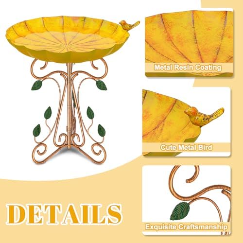 Vintage Metal Bird Bath for Outside, 13" Dia Birdbaths Bowl with Cast Iron Pedestal, Large Antique Bird Feeder with Folding Bracket for Outdoors Garden Patio Yard Decor (Retro Yellow) - Image 3