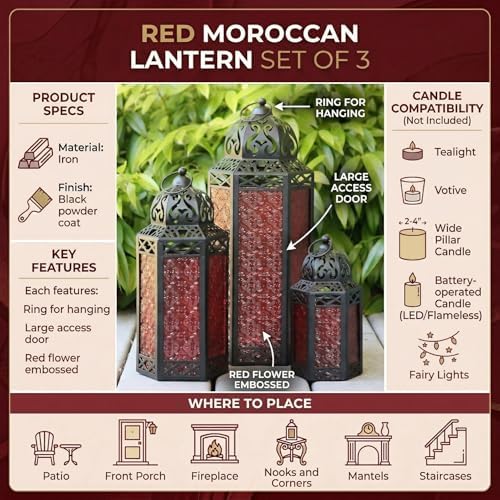 Vela Lanterns Decorative Outdoor for Patio/Porch - Floor Moroccan Candle Holder Set of 3 - Turkish Lamps, Table Centerpieces, Hanging Outdoor Decor for Wedding, Ramadan (XL, Large, Small - Red Glass) - Image 6