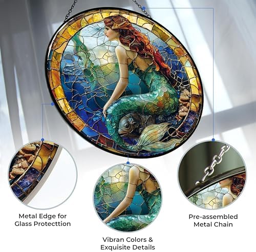 Mermaid Stained Glass Window Hanging Window Suncatcher 12" Glass Panel with Metal Chain Sun Catchers Wall Art Home Decor Gift for Women Mother's Day (12”x12”) - Image 2