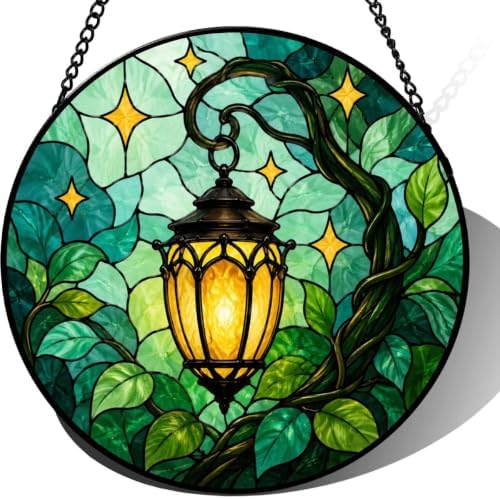 Stained Glass Suncatcher Glowing Lantern Art Window Hanging, Botanical Leaf Garden Decor for Home, Unique Birthday for Mom, Wife, Her, Nature Wall Accents 9.8 Inch by Unknown