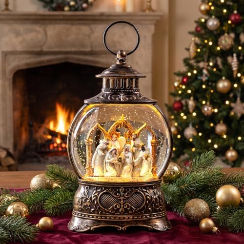 Christmas Snow Globe Lantern with Nativity Scene and Wise Men, Musical Water Lantern with Swirling Glitter, 6H Timer, USB Powered or Battery Operated, Vintage Christmas Tabletop Decor Gift by XPSCOCO