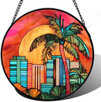 CHATYOUNG Stained Glass Window Hanging Sunrise Coconut Tree Large 11.8" - Colorful Suncatcher Door Garden Home Decor and Christmas Mother's Day Birthday Gifts for Grandma Mom Women Wife Friend Men by CHATYOUNG