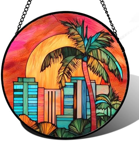 CHATYOUNG Stained Glass Window Hanging Sunrise Coconut Tree Large 11.8" - Colorful Suncatcher Door Garden Home Decor and Christmas Mother's Day Birthday Gifts for Grandma Mom Women Wife Friend Men by CHATYOUNG
