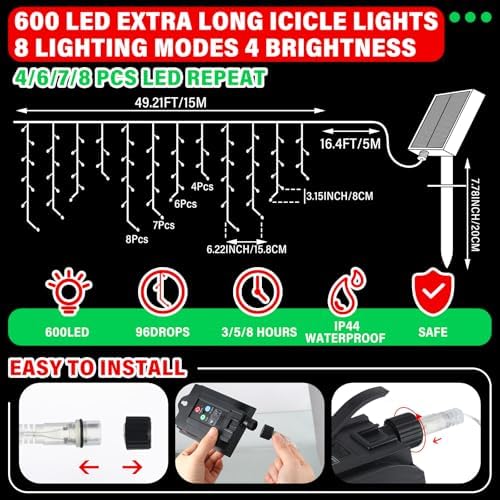 Retisee 65ft Red Green Solar Icicle Christmas Light for Outdoor Decoratio - Image 2